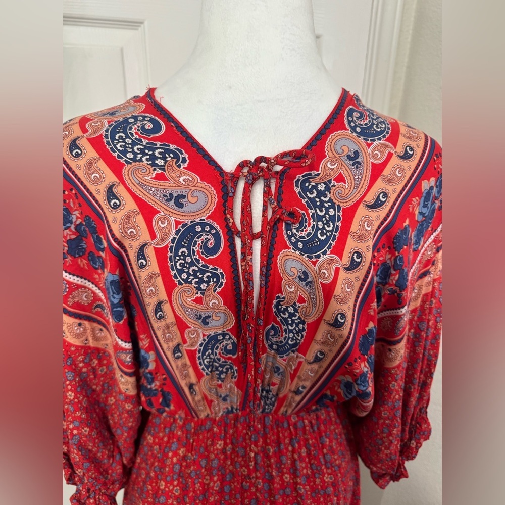 Umgee Red Boho Peasant High Low Back Tie Midi Dress Women's Size S - Picture 5 of 10